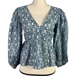 Olivaceous Boho Crop Blouse Women Small V-neck Open Back Balloon Sleeves Floral